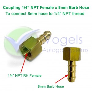 Koppelstuk 1/4" NPT RH Female x 8mm Slangpilaar t.b.v. Gasslang