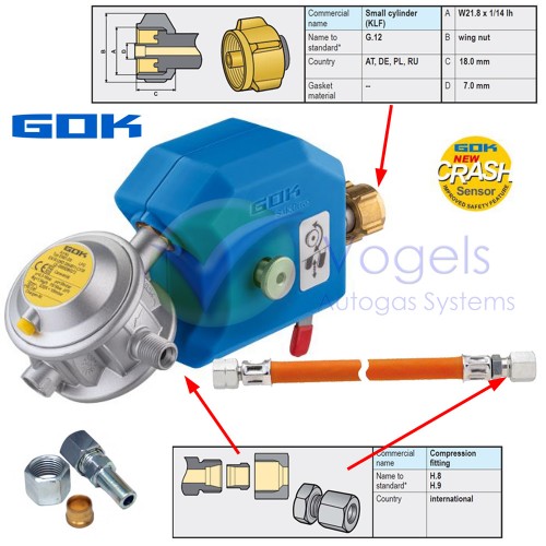 GOK Caramatic SafeDrive Drukregelaar 30mbar 1.5kg/h - G.12 KLF x RVS10/8mm SV aansluiting - met Crashsensor