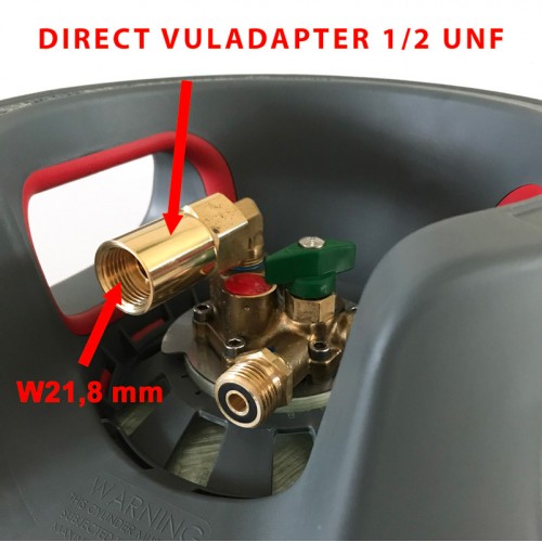 Verloopstuk 1/2"UNF (3/4" -16) x W21,8 mm - tbv direct vullen op gasfles 4-gats / MultiValve