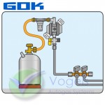 GOK Drukregelaar EN61-DS 30mbar 1.5kg/h - M20x1.5 @ 90° x 8mm incl. handkraan en testklep
