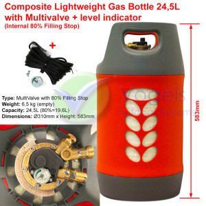 Composite LPG Gas Bottle Multivalve 24.5 Liter with 80% Filling Stop + Tank gauge + Sensor + Wiring - Refillable