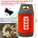 Composite LPG Gas Bottle Multivalve 24.5 Liter with 80% Filling Stop + Tank gauge + Sensor + Wiring - Refillable